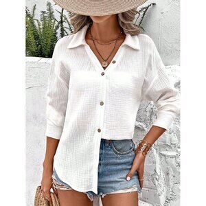 100% cotton button down shirt boho textured blouse white